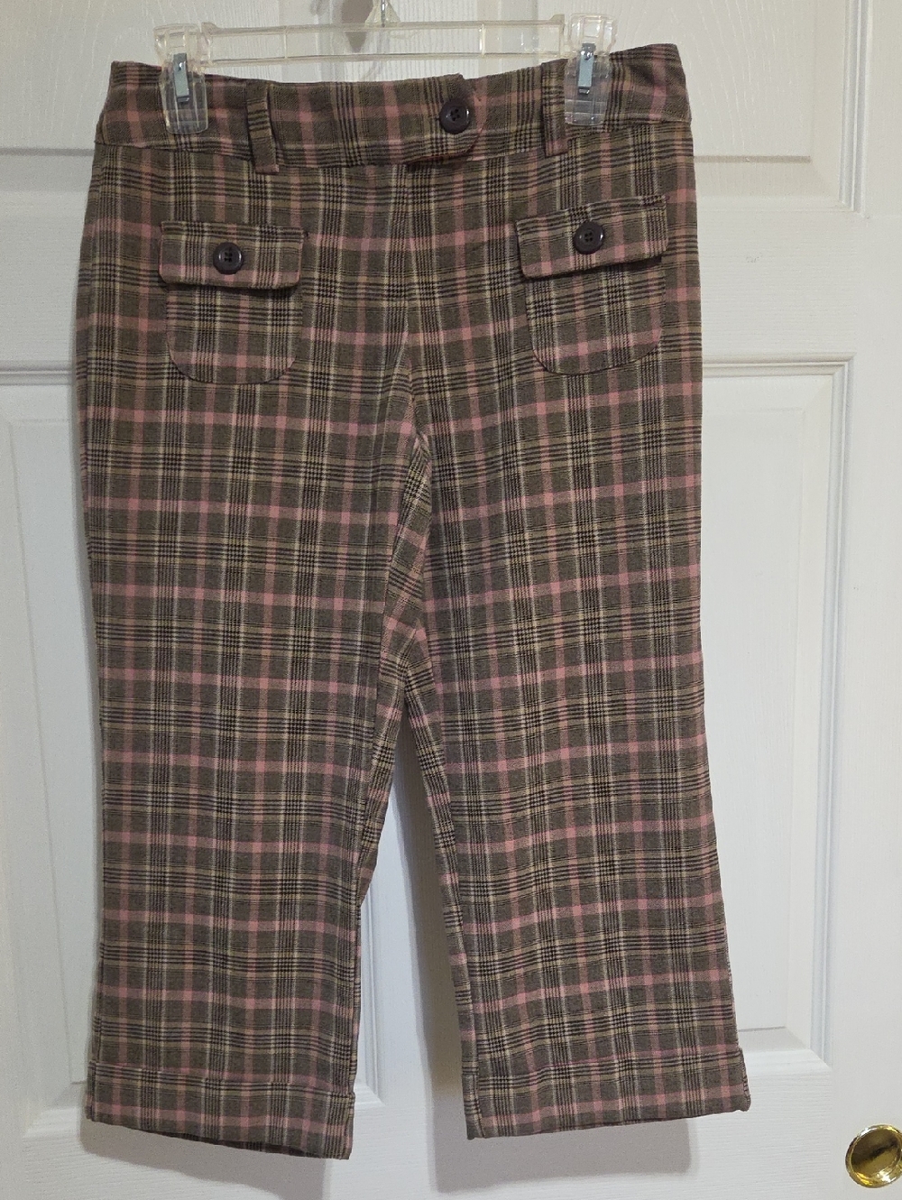 No Boundaries Plaid Capris in Pink and Brown